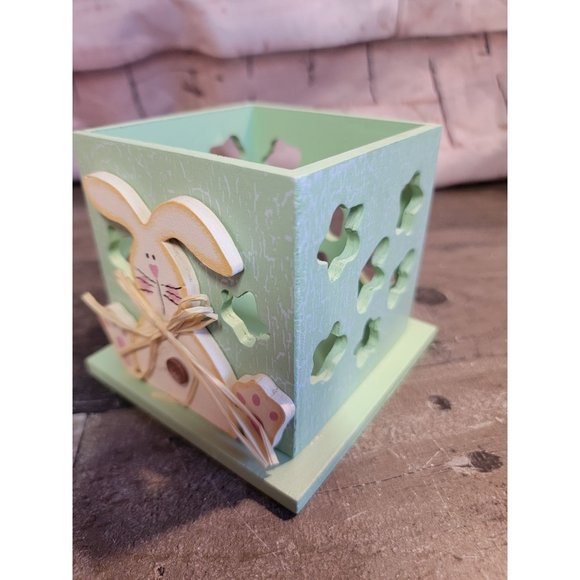 Wooden Green rabbit easter bunny tea light‎ box Decor spring - Picture 2 of 7
